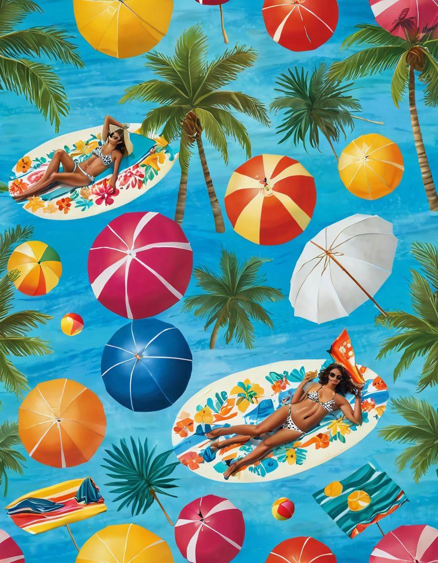 A sunny beach scene featuring diverse individuals in stylish beachwear, showcasing vibrant colors and trendy accessories. Include sunbathers lounging on colorful towels, a surfboard propped next to beach umbrellas, and tropical palm trees swaying in the breeze. Capture the essence of summer joy and relaxation with playful beach balls and clear blue skies. super-realistic. vibrant colors. summer theme.