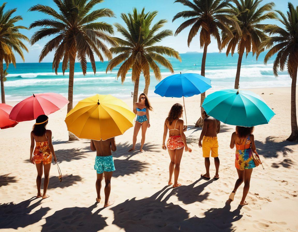 A stylish summer fashion scene featuring a photographer capturing models in vibrant beachwear against a sunlit coastal backdrop. Incorporate colorful beach umbrellas, palm trees swaying in the breeze, and playful shadows on the sand. Add elements like a vintage camera, lens flares from the sun, and cheerful people enjoying the sunny day. super-realistic. vibrant colors. summer aesthetic.